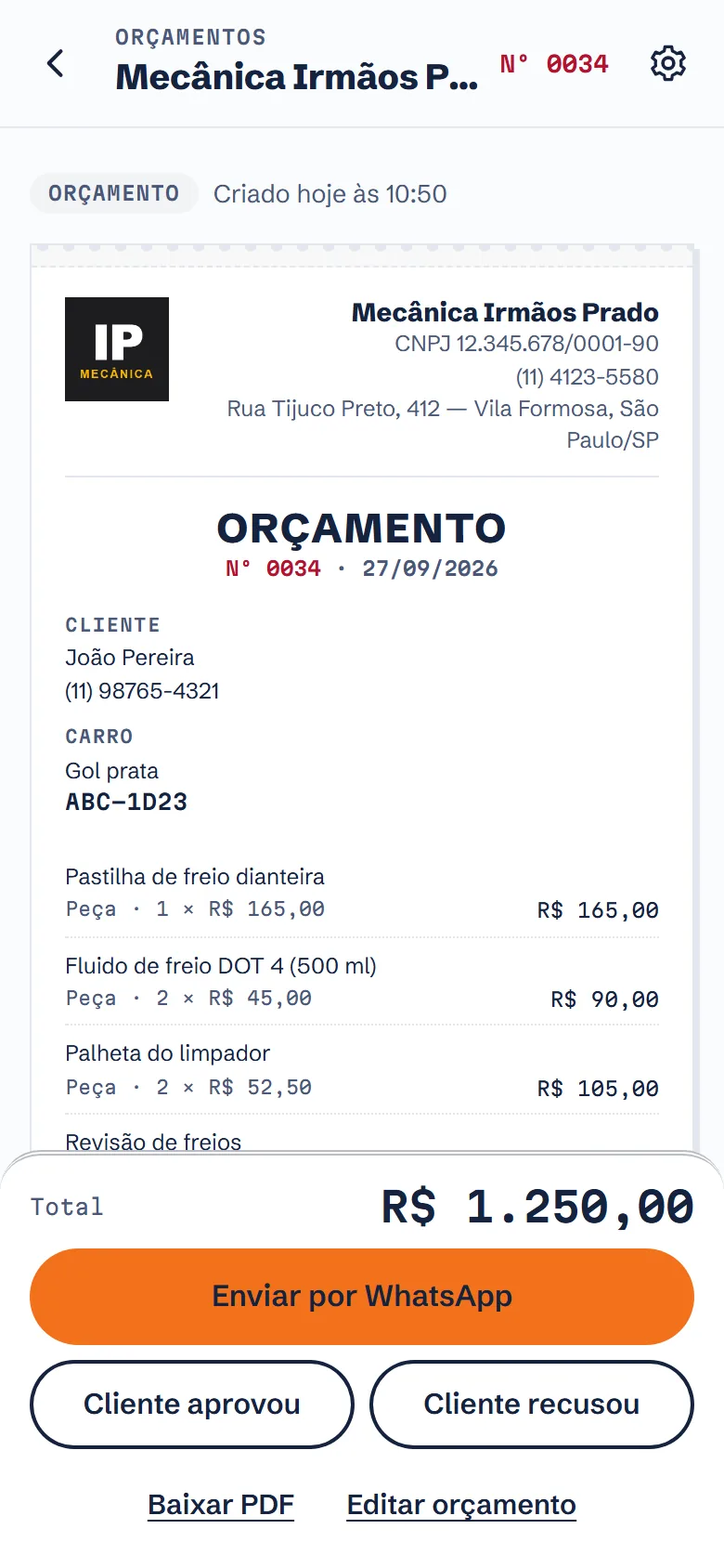 Pantalla de Orçadim con datos de demostración, en portugués: presupuesto n.º 0034 de Mecânica Irmãos Prado para un Gol plateado, con el logo y los datos del taller arriba, refacciones en lista, un total de R$ 1.250,00 y los botones Enviar por WhatsApp, Cliente aprobó y Cliente rechazó.